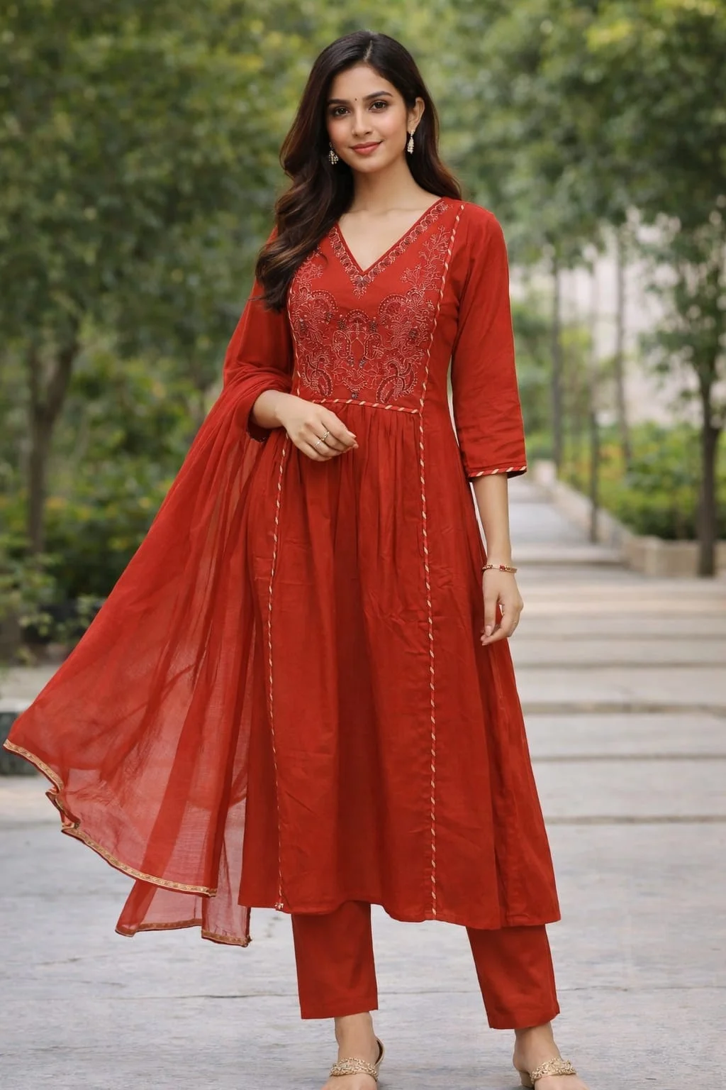 Women's Red Embroidered Kurta Pant Dupatta Set – V-Neck Ethnic Suit | #050