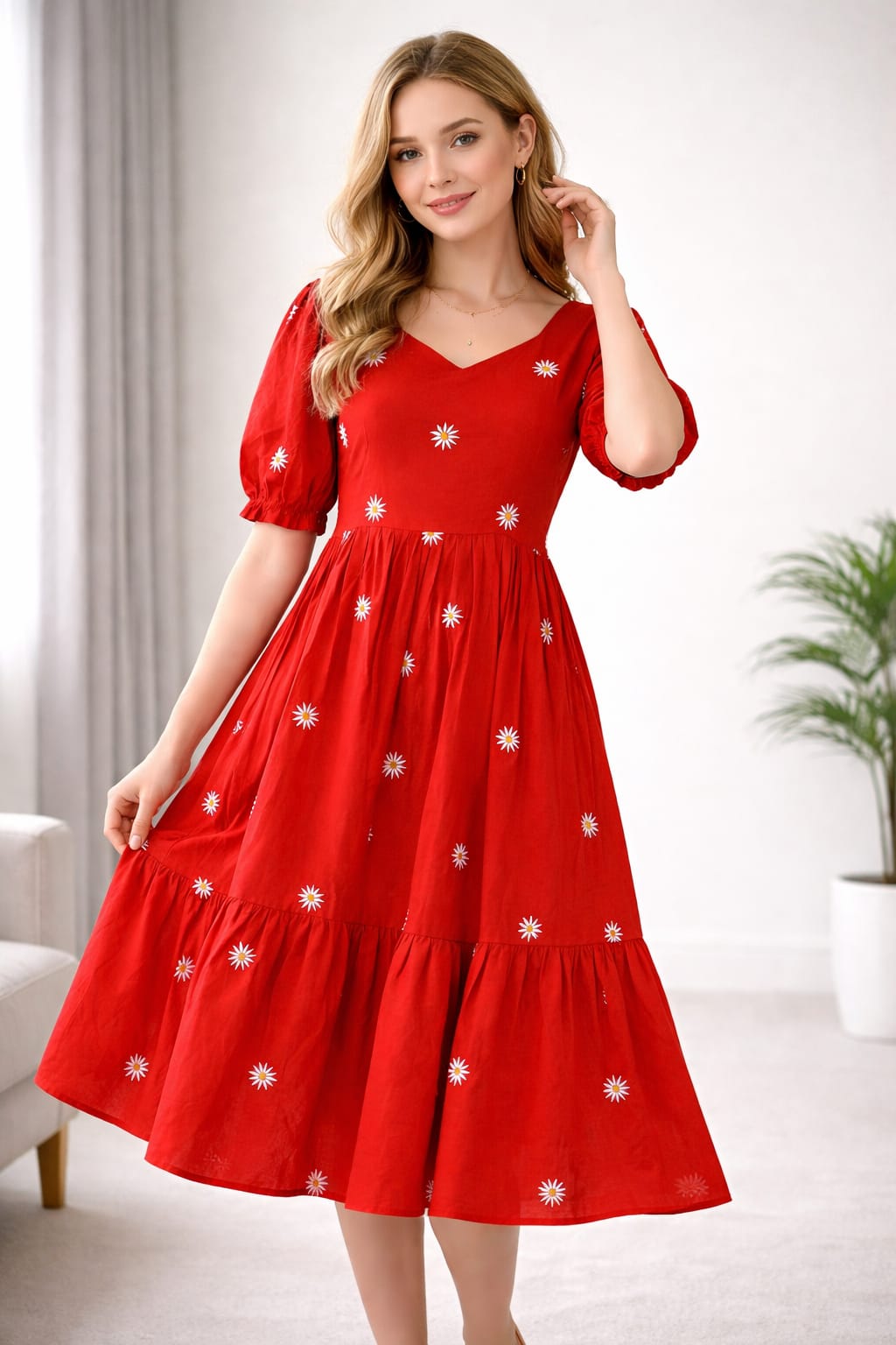 Women’s Red Floral Cotton Dress – A-Line Midi Dress with Puff Sleeves & V-Neck, Casual Summer Party Wear Outfit thumbnail