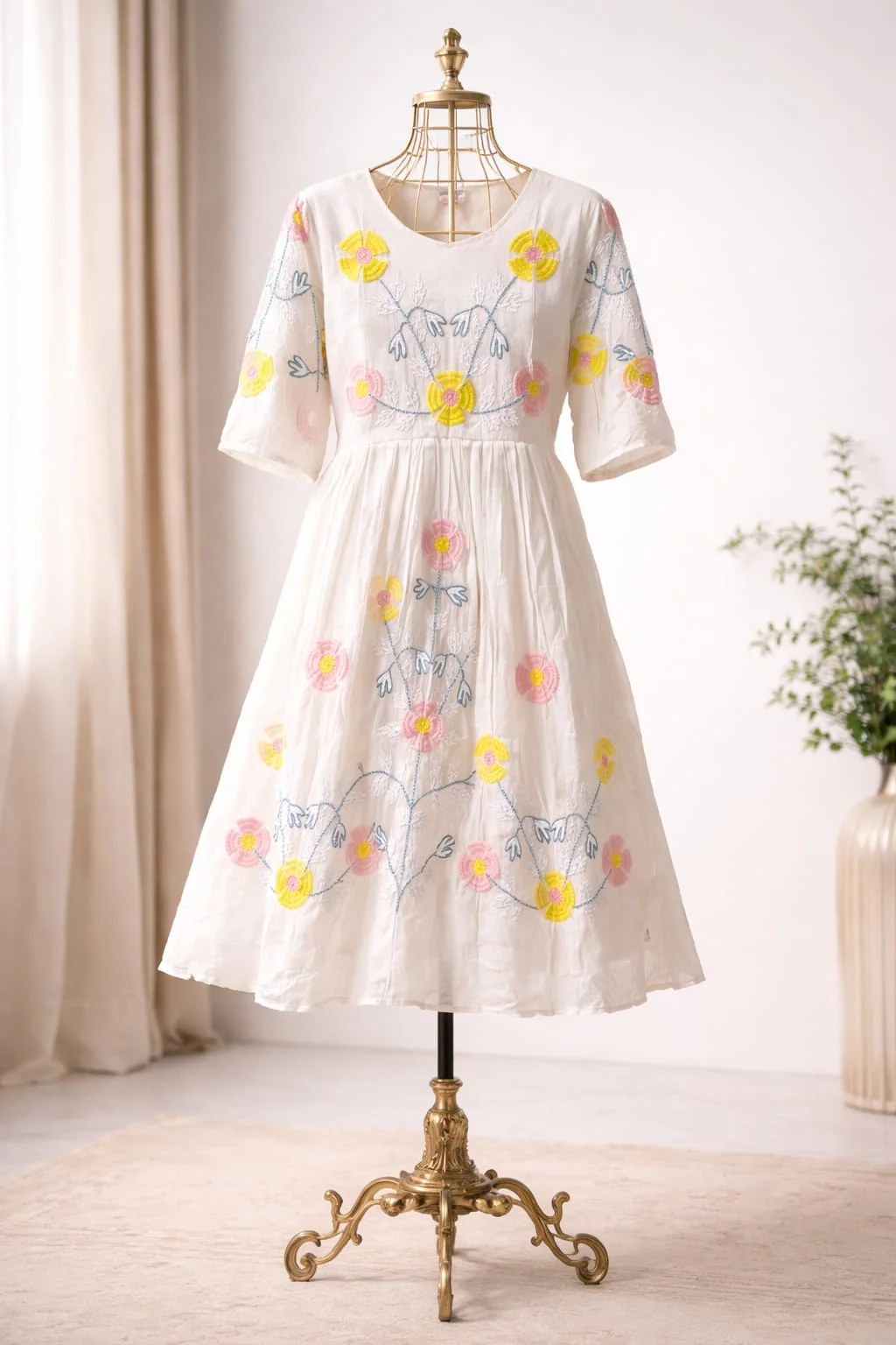 Women's Half White Floral Embroidered Mull Cotton Dress – A-Line Knee Length Summer Dress thumbnail