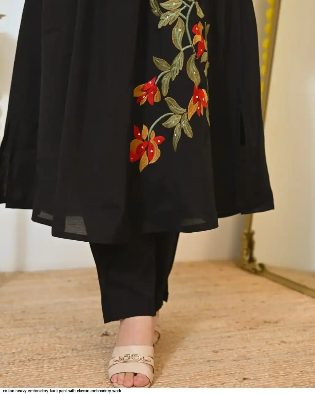 Women’s Cotton A-Line Kurta with Floral Embroidery & Straight Pants Set thumbnail