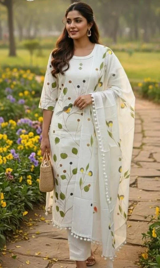 Women's Off White Printed Kurta Pant Dupatta Set – Khadi Cotton Ethnic Suit | #067