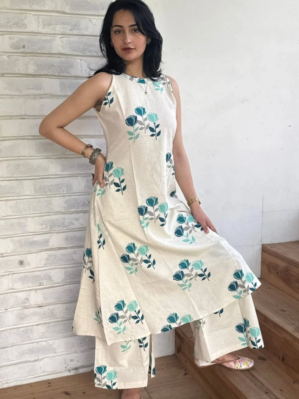 Women Floral Printed Premium Cotton Co-Ord Set – Sleeveless Kurta Top & Palazzo Pant Set | Stylish Casual & Summer Wear Coord Set for Women