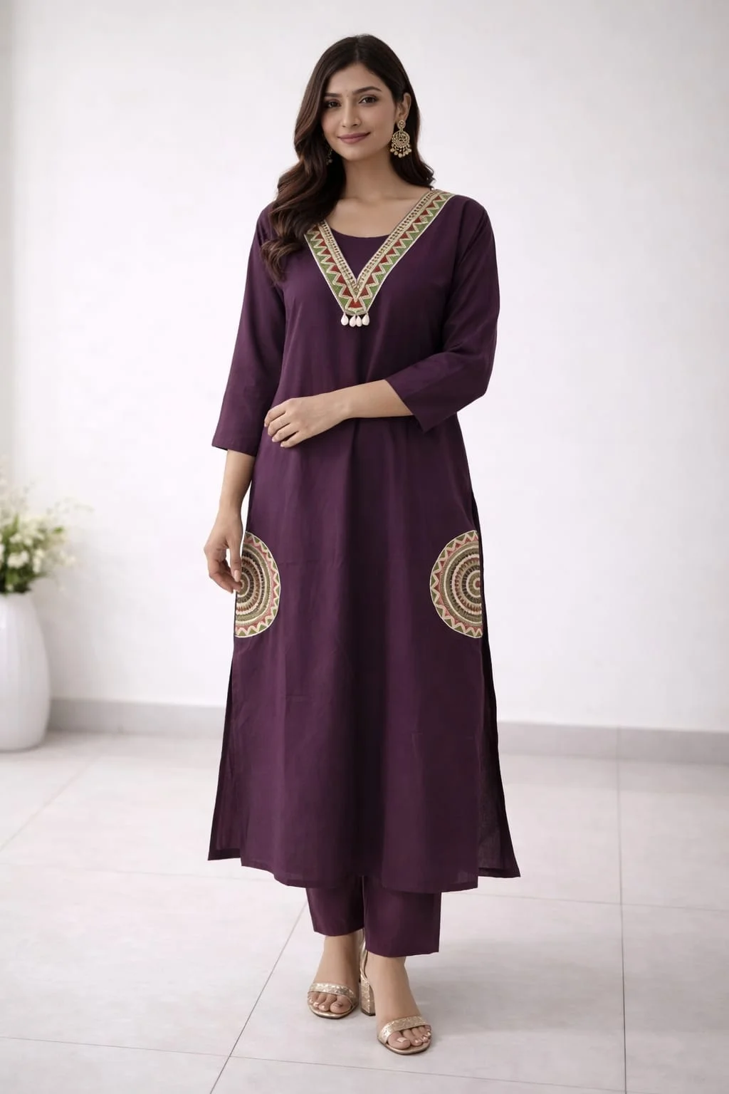 Wine Maroon Printed Kurti Set for Women – V-Neck Ethnic Kurta with Matching Pants#058 thumbnail