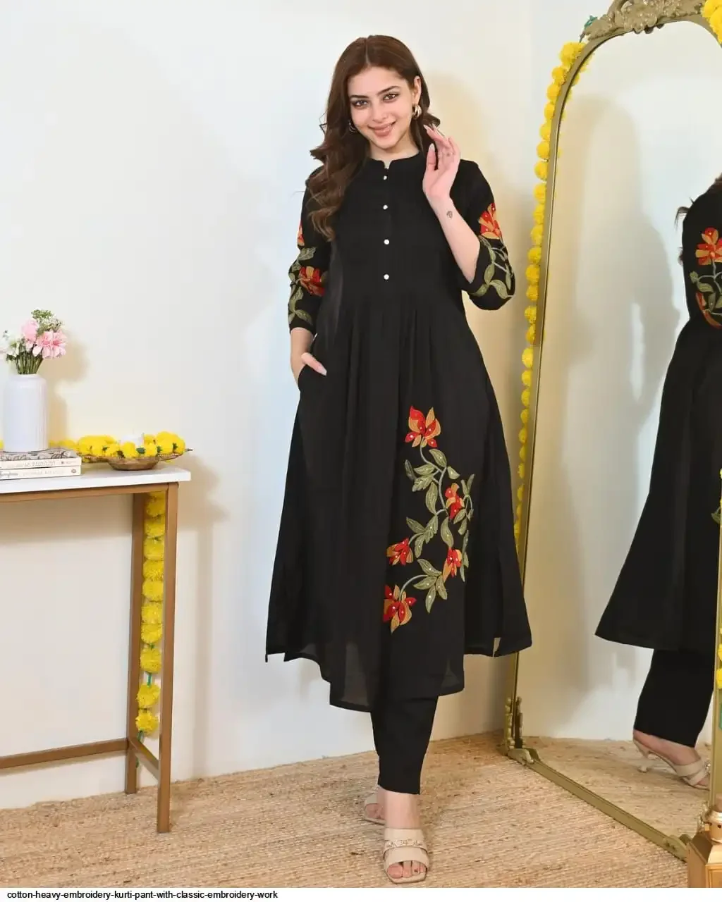 Women’s Cotton A-Line Kurta with Floral Embroidery & Straight Pants Set thumbnail
