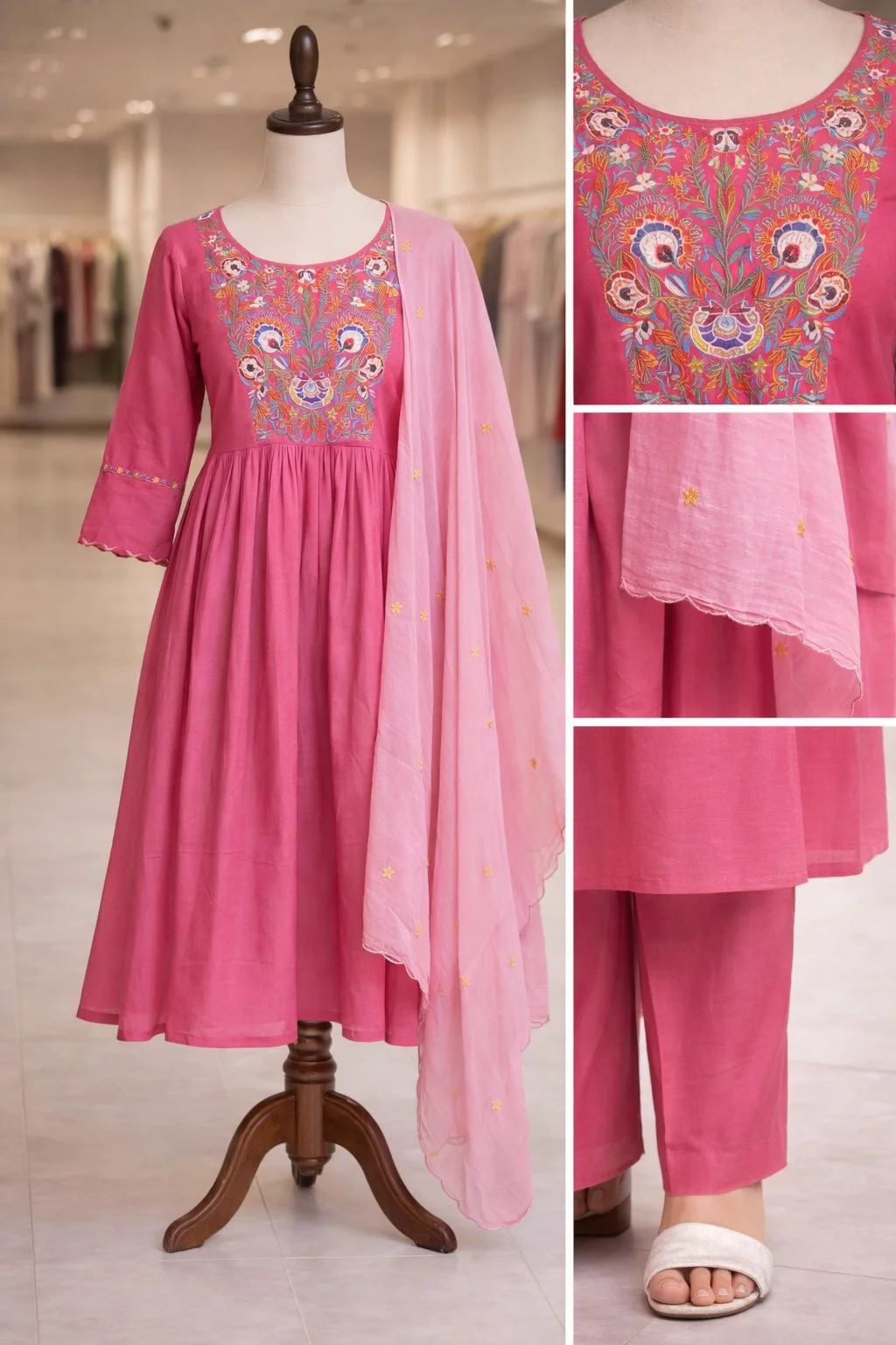 Women’s Pink Mul Cotton A-Line with Heavy Neck Embroidered Kurti Pant Dupatta Set #002
