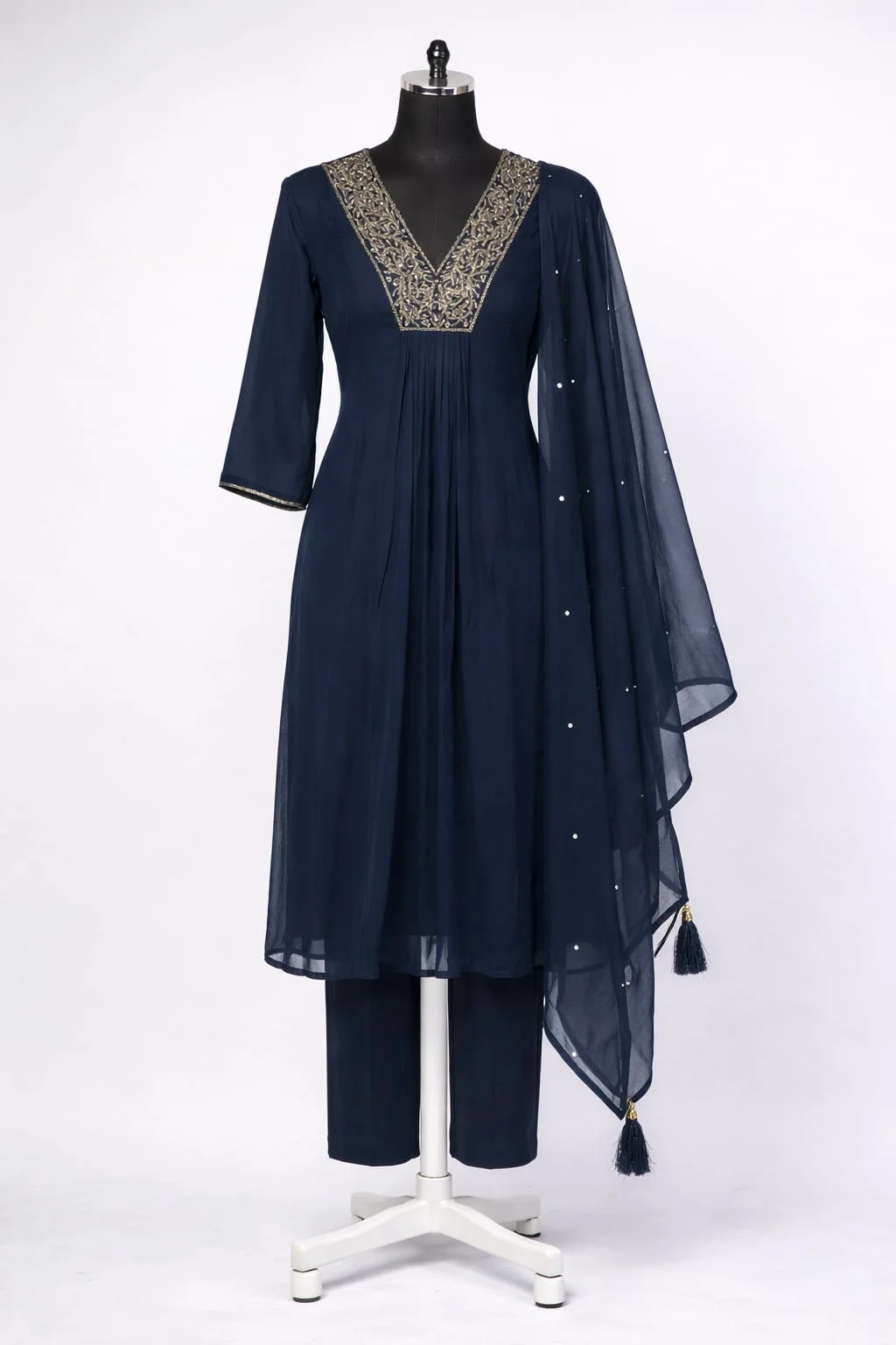 Women's Navy Blue Mull Chanderi Kurta Pant Dupatta Set – Embroidered V-Neck Ethnic Suit | #003 thumbnail