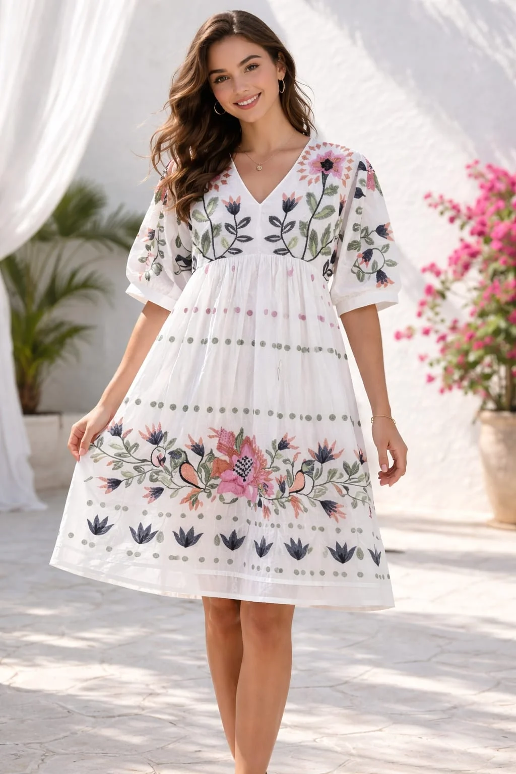 Women's Full White Floral Embroidered Mull Cotton Dress – A-Line Knee Length Summer Dress thumbnail