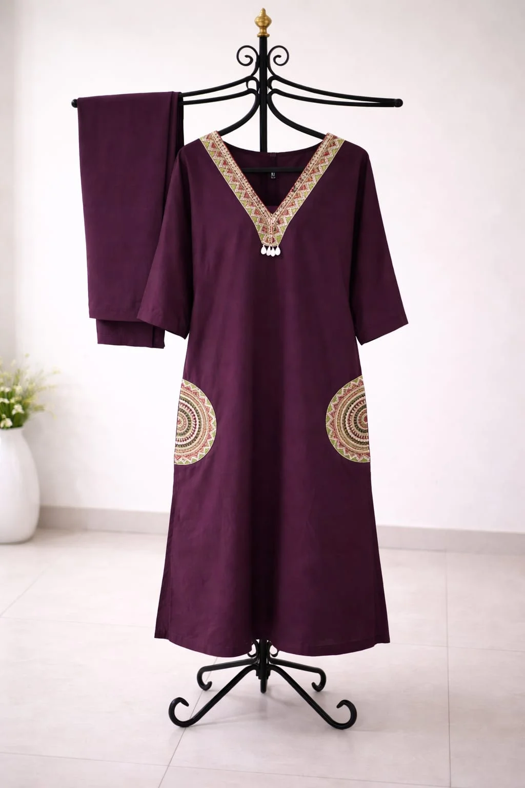 Wine Maroon Printed Kurti Set for Women – V-Neck Ethnic Kurta with Matching Pants#058