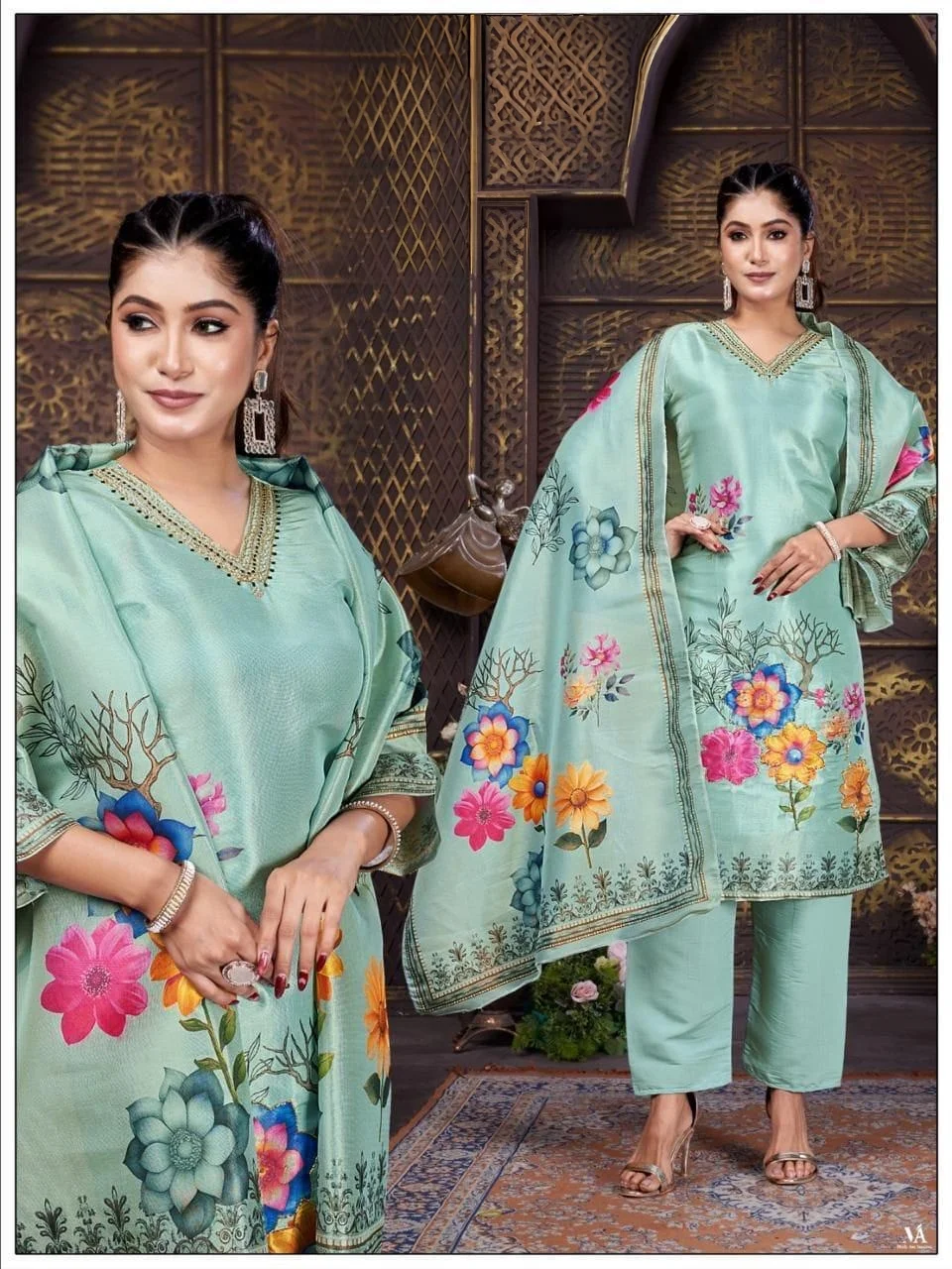 Women's Sea Green Printed Kurta Pant Dupatta Set – Floral V-Neck Ethnic Suit