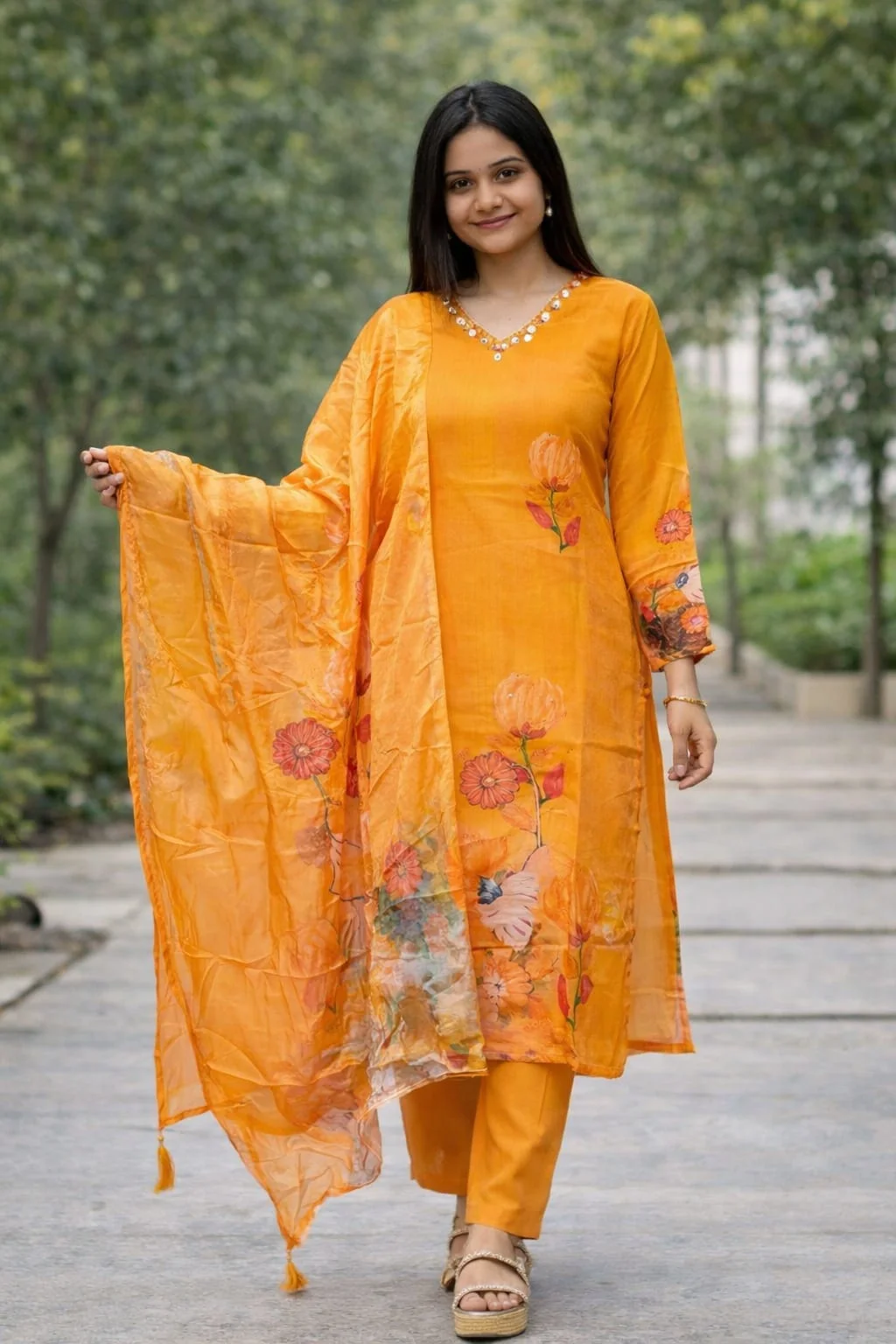 Women's Mustard Yellow Printed Kurta Pant Dupatta Set – Floral V-Neck Ethnic Suit | #079