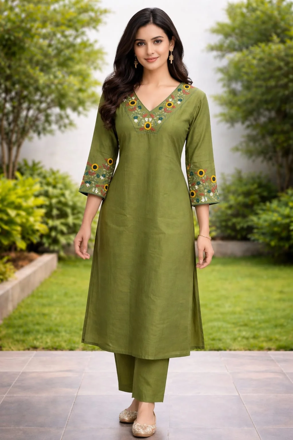 Women's Olive Green Embroidered Chanderi Kurta Pant Set – Floral V-Neck Ethnic Kurti | #064