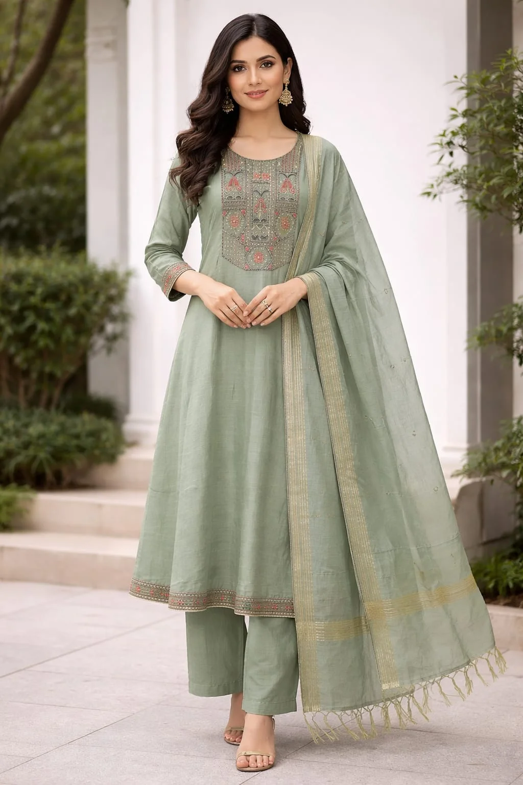 Women's Sage Green Embroidered Simmer Silk Kurti Pant Set with Dupatta #006 thumbnail