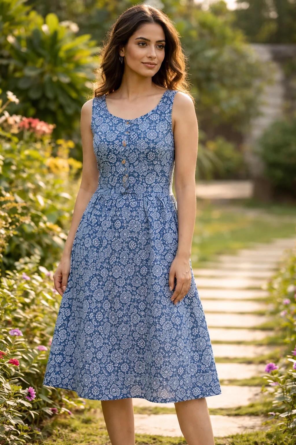 Women’s Blue Cotton Sleeveless A-Line Midi Dress with Ruffle Hem thumbnail