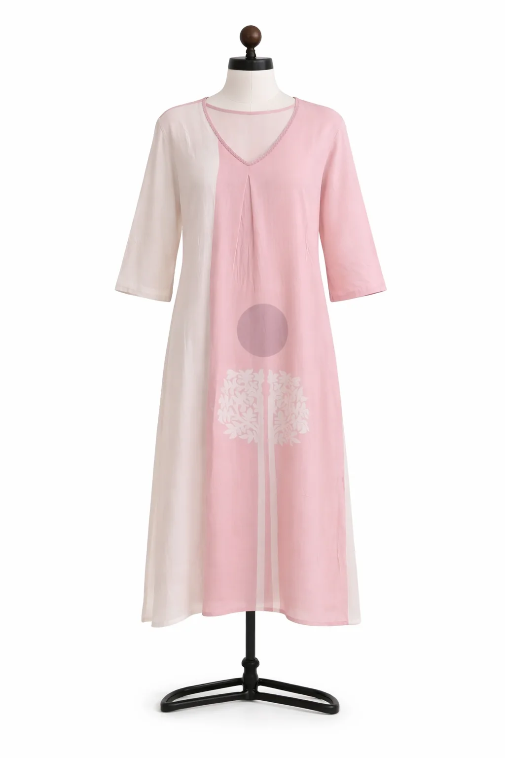 Women's Pink & White Cotton Printed Kurti Pant 2PC Set – V-Neck Ethnic Wear Suit #005 thumbnail
