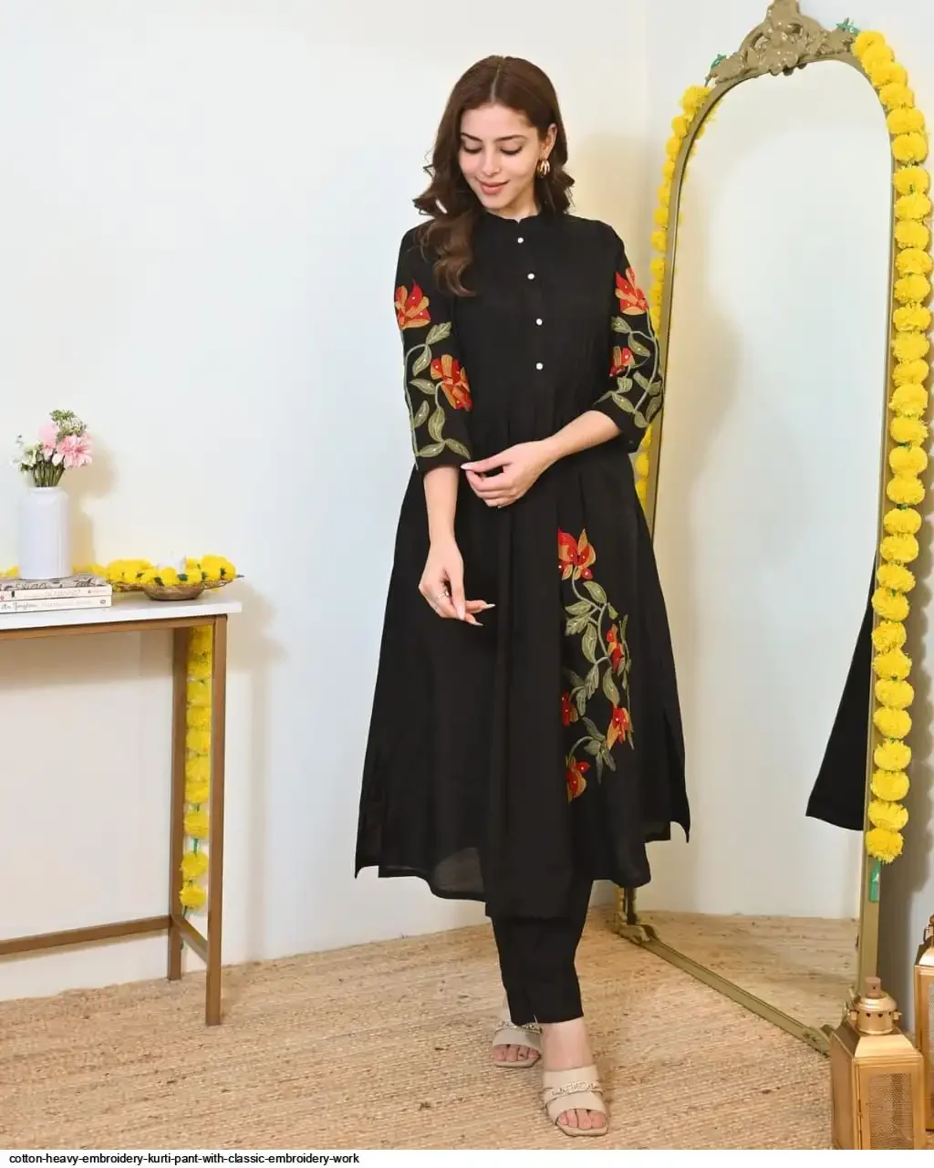 Women’s Cotton A-Line Kurta with Floral Embroidery & Straight Pants Set