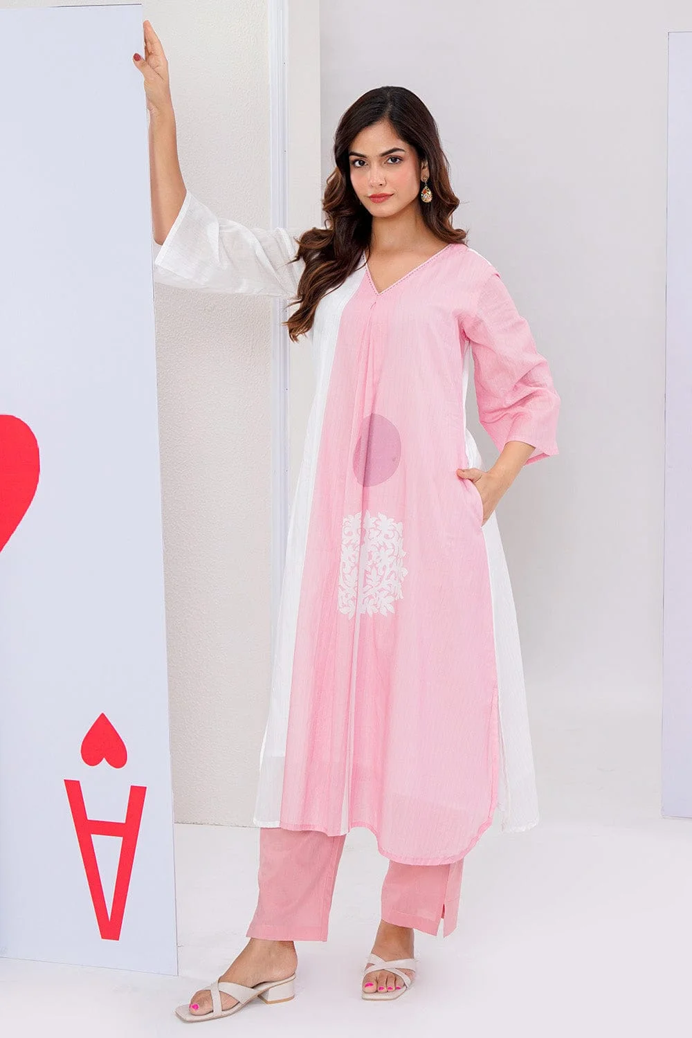 Women's Pink & White Cotton Printed Kurti Pant 2PC Set – V-Neck Ethnic Wear Suit #005 thumbnail