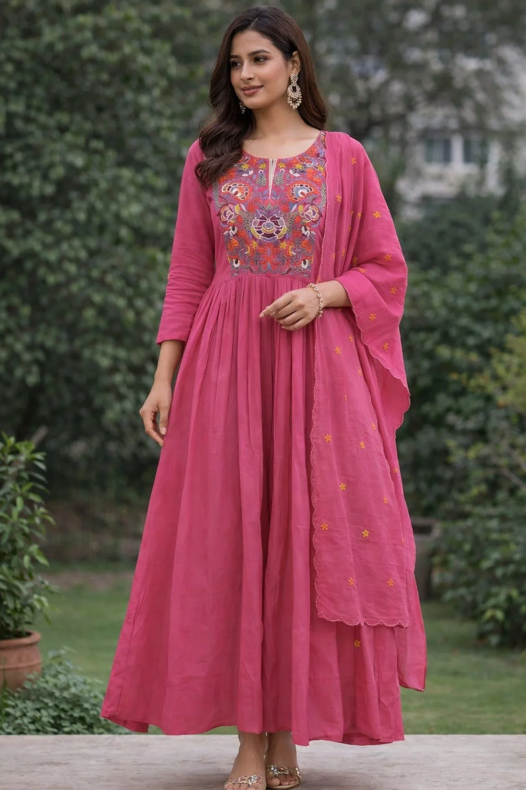 Women’s Pink Mul Cotton A-Line with Heavy Neck Embroidered Kurti Pant Dupatta Set #002 thumbnail