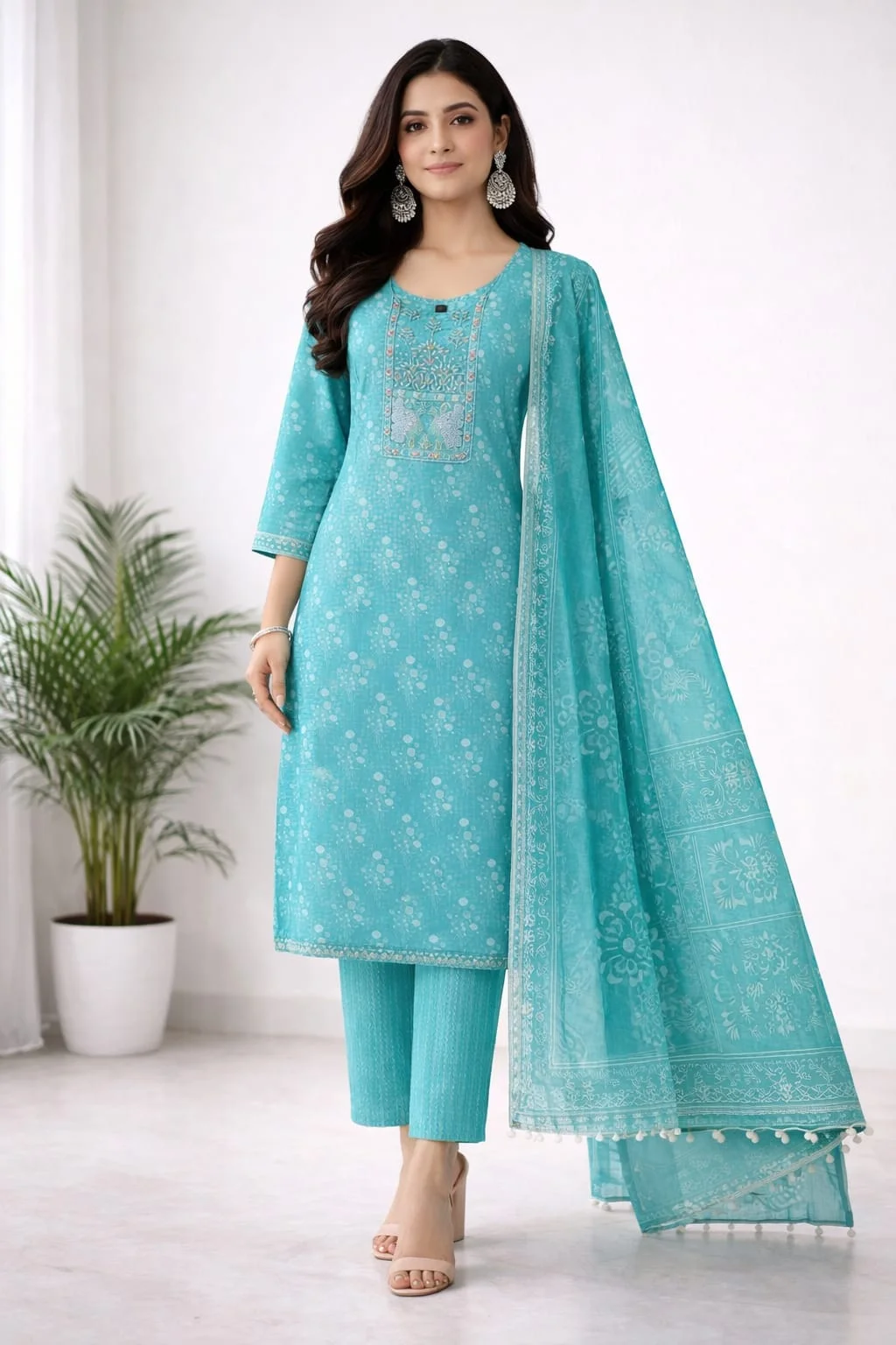 Women’s Turquoise Blue Printed Cotton  Kurta Pant Dupatta Set | Embroidered Ethnic Suit with Straight Fit | Festive, Office & Casual Wear #037