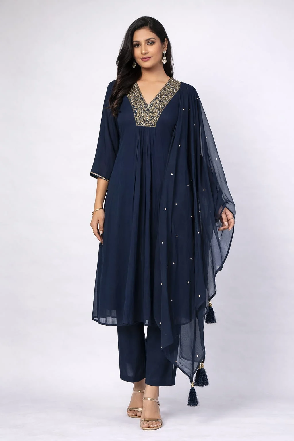 Women's Navy Blue Mull Chanderi Kurta Pant Dupatta Set – Embroidered V-Neck Ethnic Suit | #003