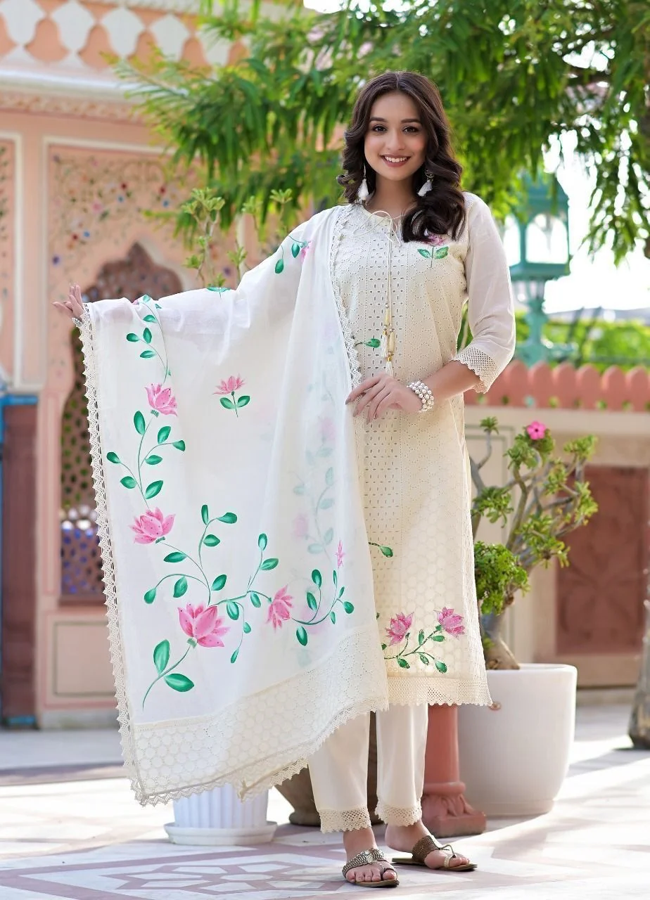 Women’s Cream Embroidered Chikan Style Cotton Kurti Pant Dupatta Set #066