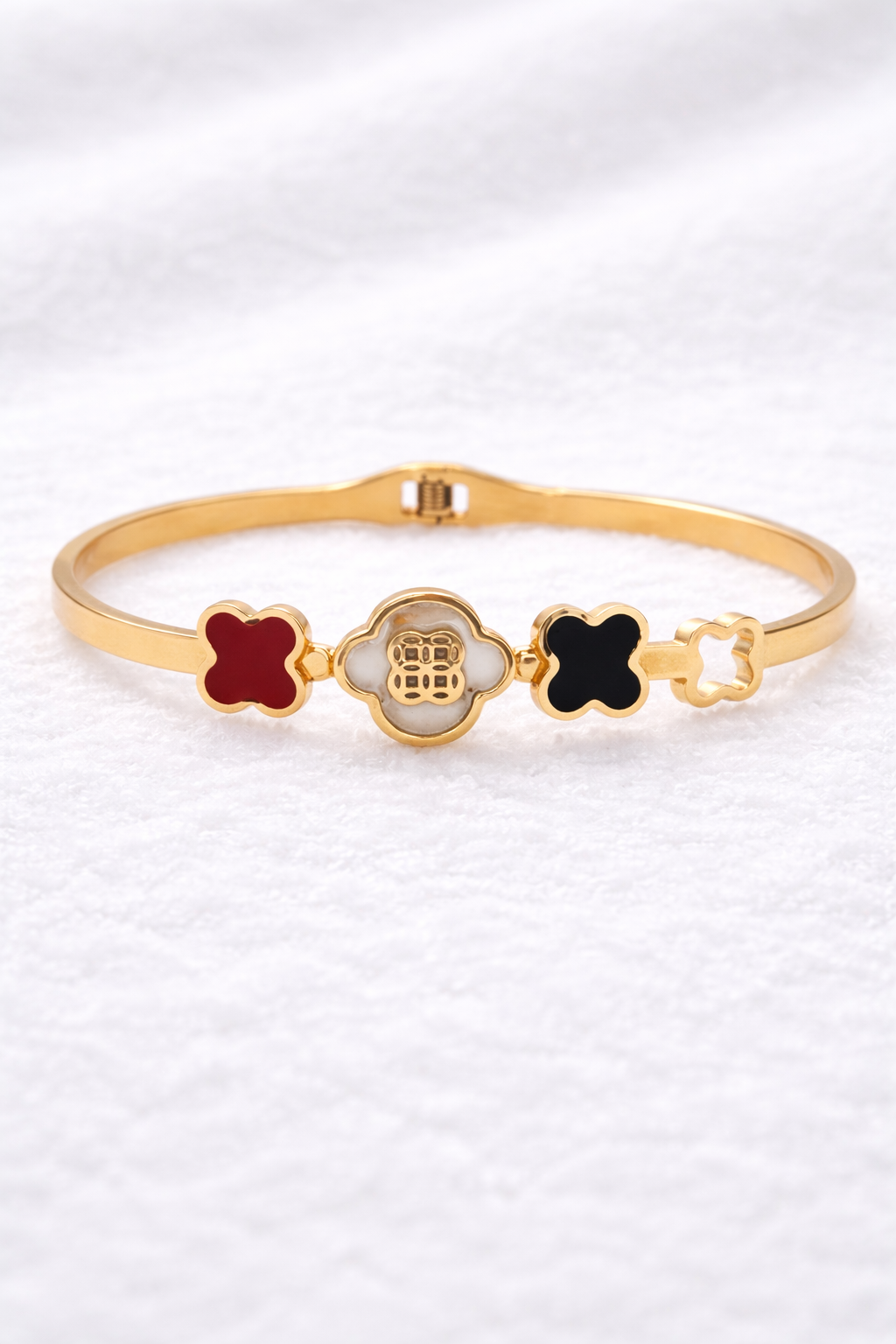 Red, White & Black Clover Charm Bracelet for Women – Gold Plated Stainless Steel Fashion Bangle thumbnail