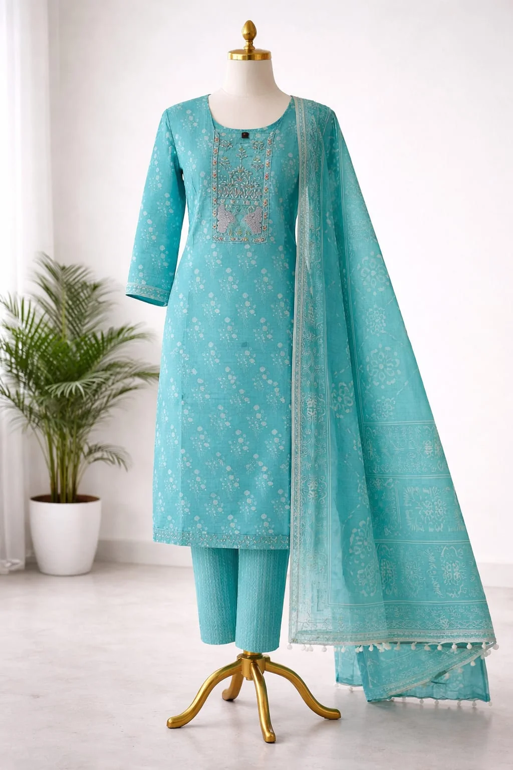 Women’s Turquoise Blue Printed Cotton  Kurta Pant Dupatta Set | Embroidered Ethnic Suit with Straight Fit | Festive, Office & Casual Wear #037 thumbnail