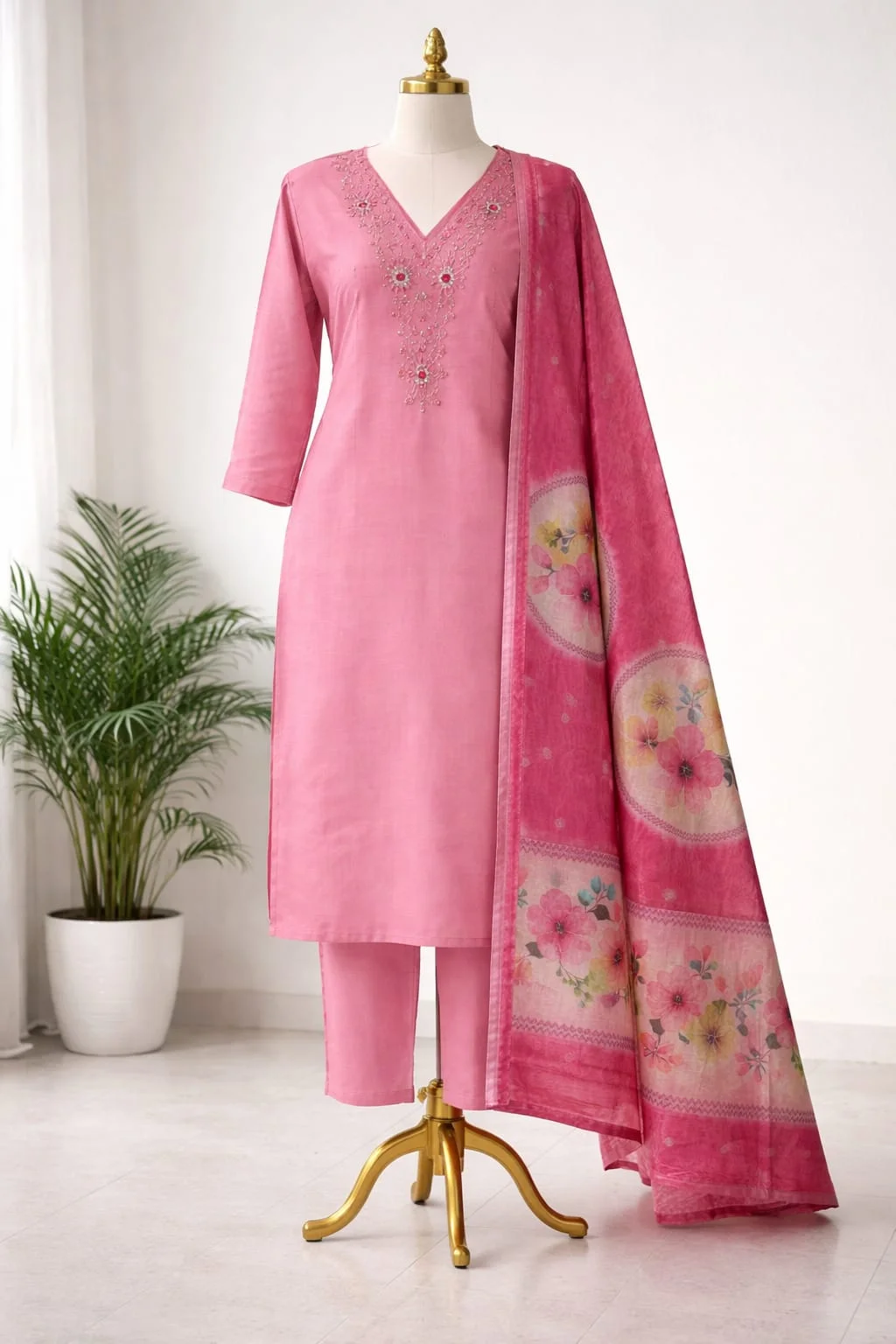 Women’s Pink Embroidered V-Neck Ethnic Suit with Floral Dupatta #032 thumbnail