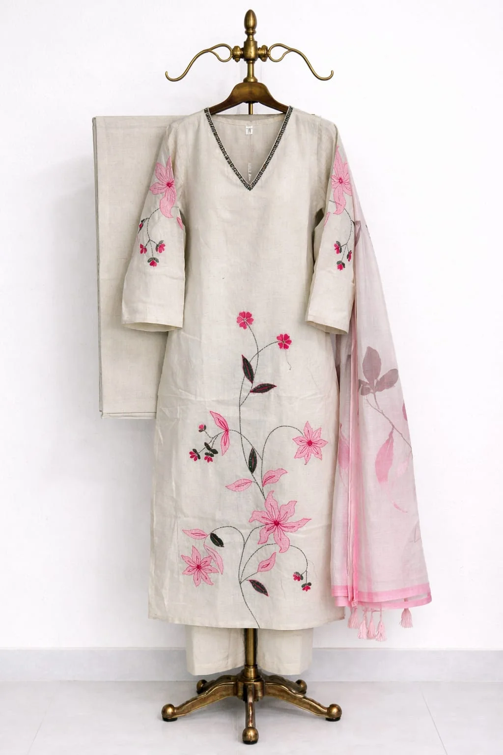 Women's Off White Floral Embroidered Kurta Pant Dupatta Set – Pure Khadi Cotton Ethnic Suit #056 thumbnail