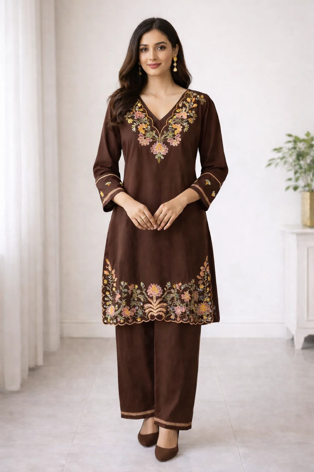 Women's Brown Embroidered Co-ord Set – Floral Straight Kurti | #024