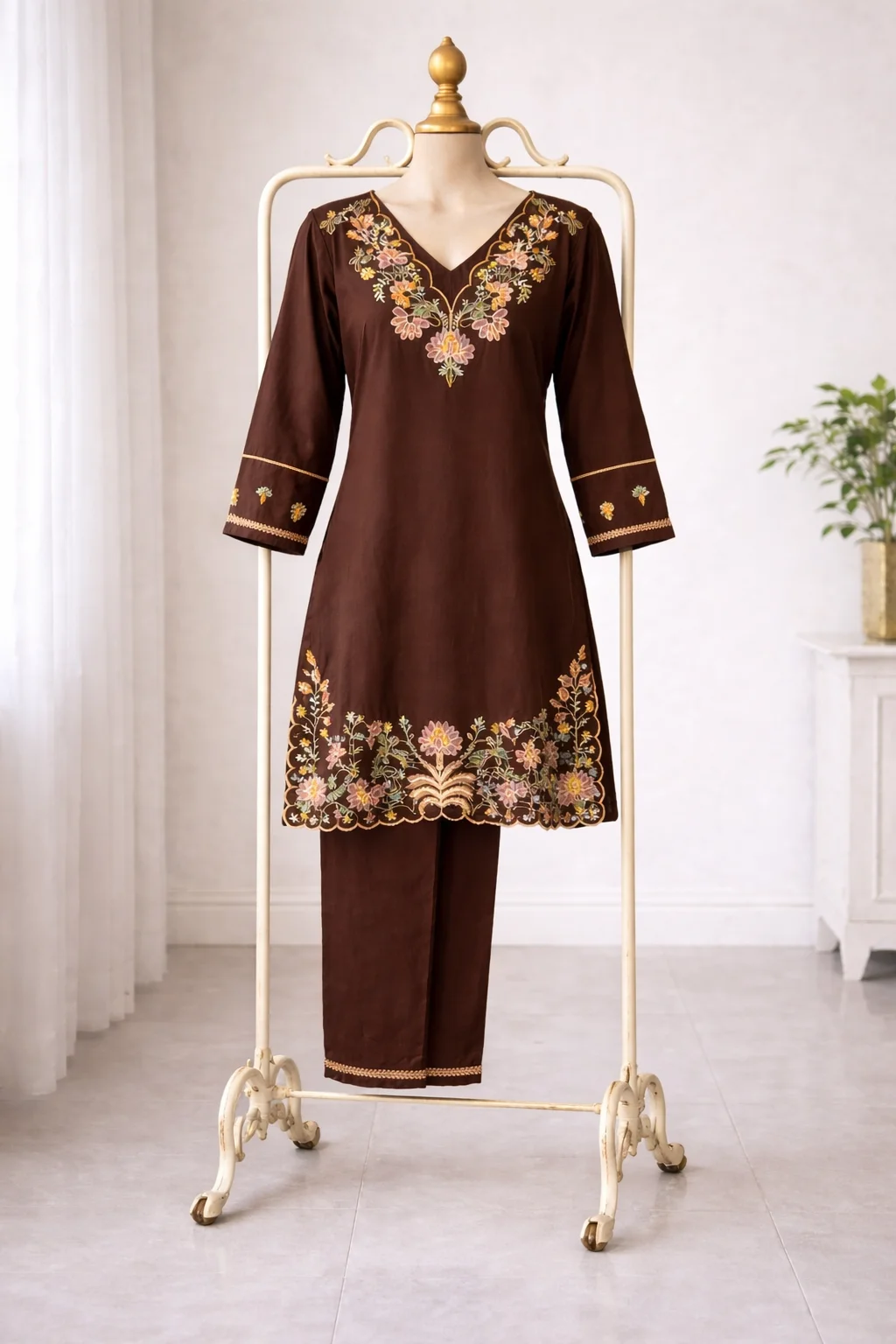 Women's Brown Embroidered Co-ord Set – Floral Straight Kurti | #024 thumbnail