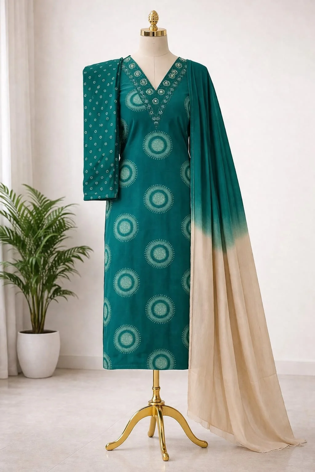 Women’s Teal Green Printed Kurta Pant Dupatta Set | V-Neck Ethnic Suit with Dupatta | Festive, Office & Casual Wear Kurti Set #022 thumbnail