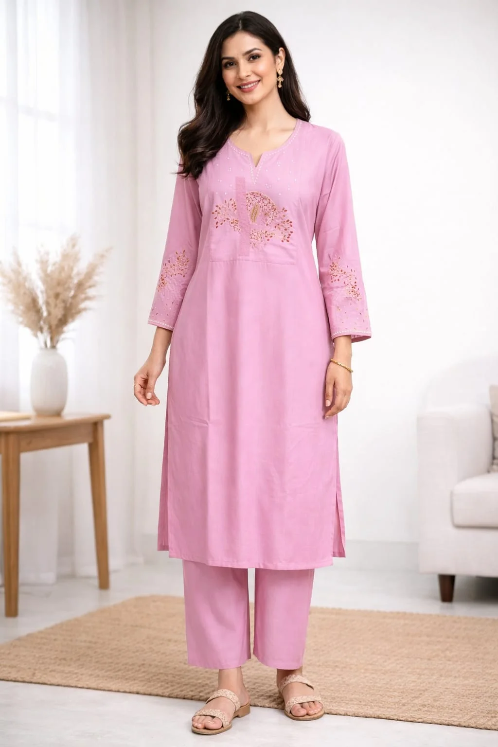 Women’s Pink Cotton Embroidered Kurta Pant Set 2Pc  #069