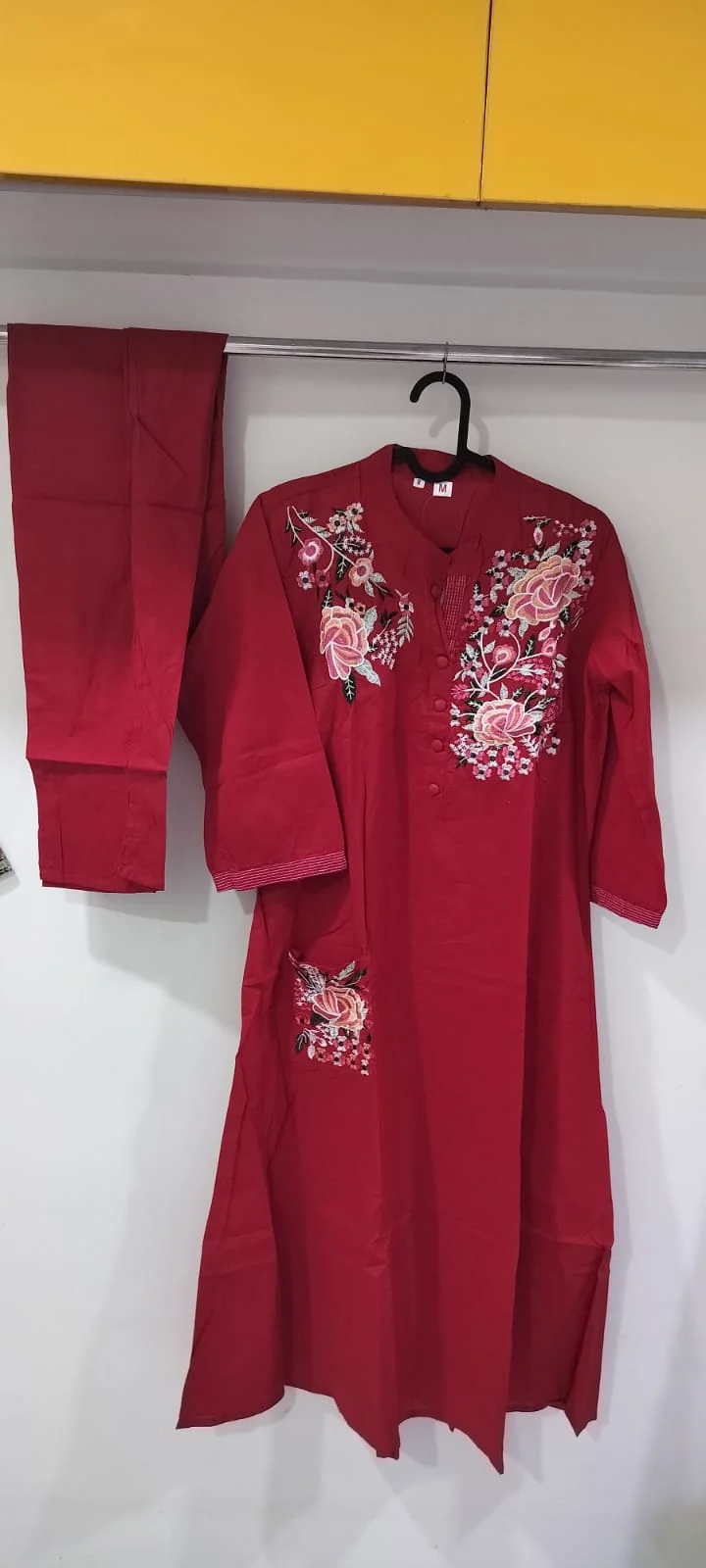 Women's Red Floral Embroidered Kurti 2PC Pant Set – Cotton Straight Kurta #012 thumbnail