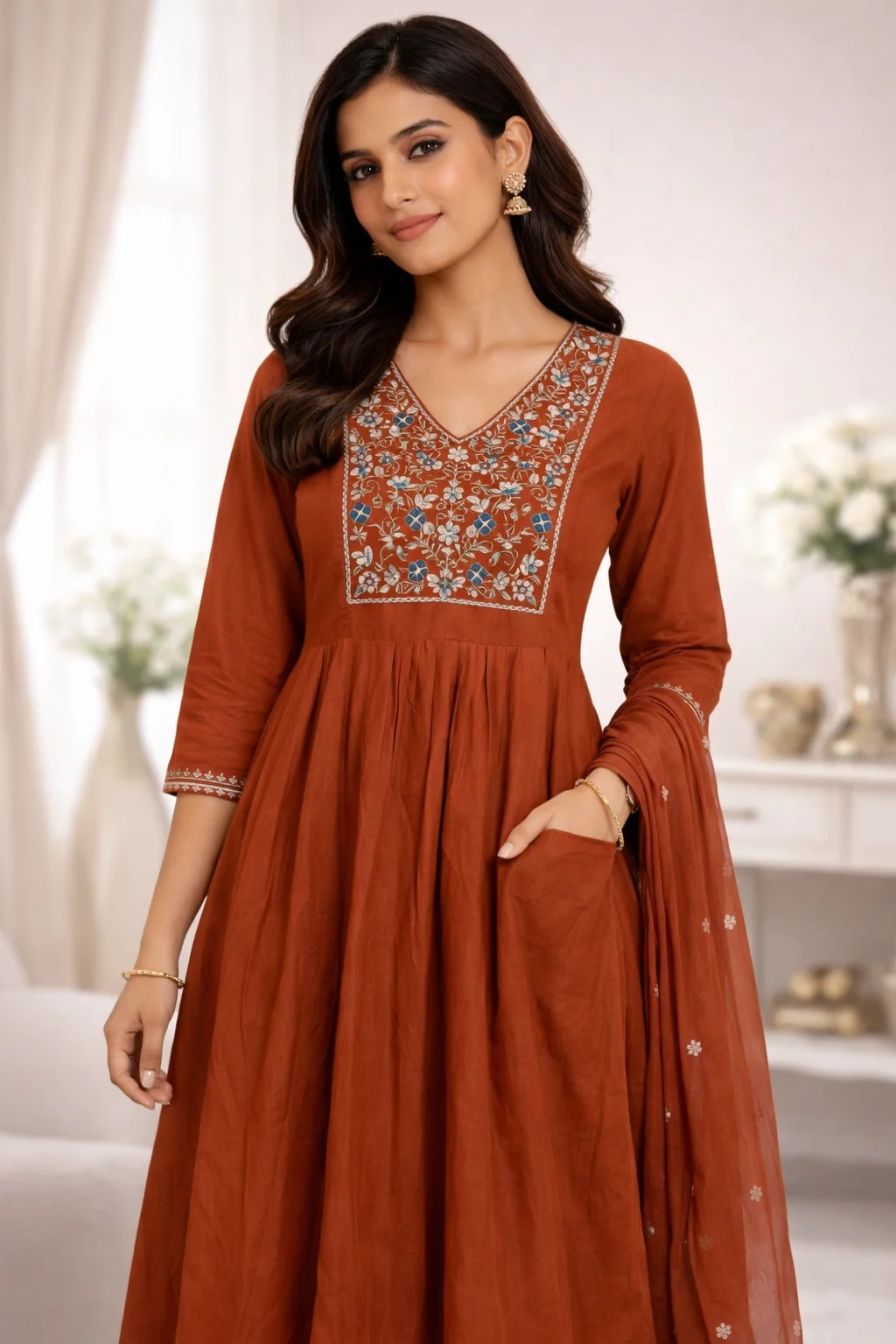 Women's Rust Orange Mull Chanderi Kurta Pant Dupatta Set – Embroidered Ethnic Suit | #039