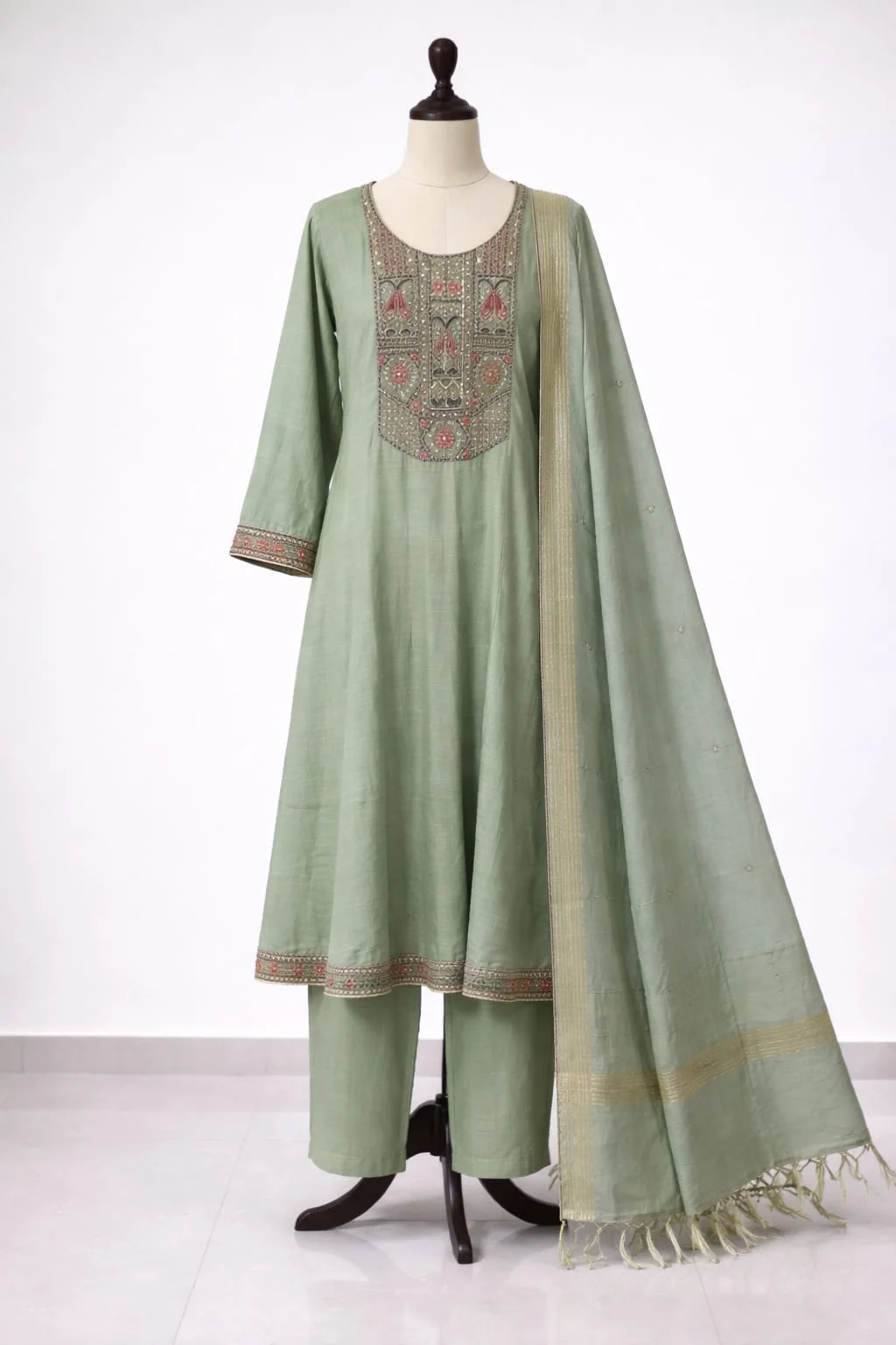 Women's Sage Green Embroidered Simmer Silk Kurti Pant Set with Dupatta #006