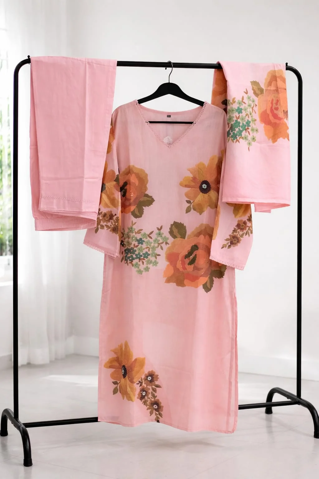 Women's Peach Floral Printed Kurti Pant Dupatta Set – Linen Ethnic Wear Suit for Women #007