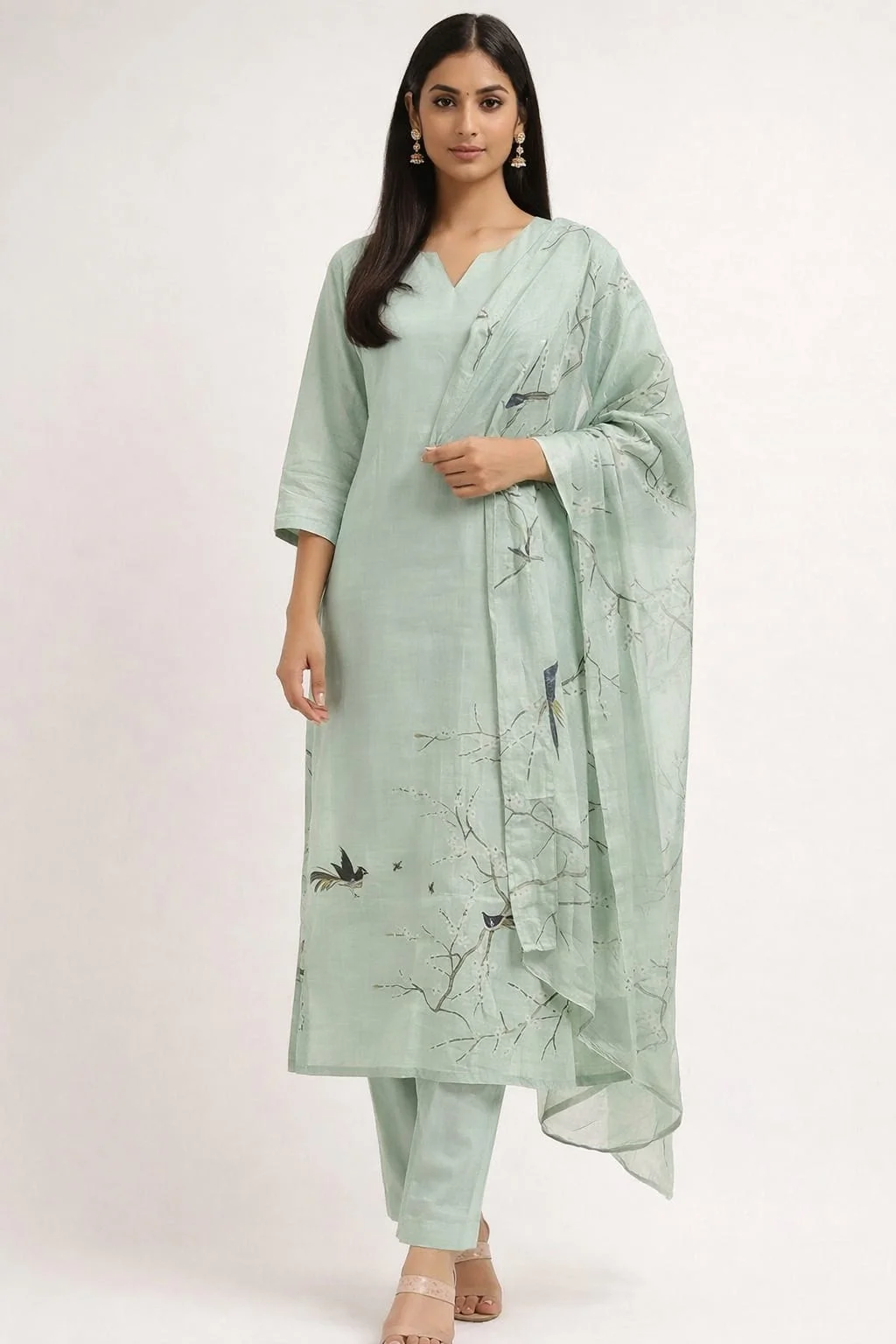 Women’s Pastel Green Printed Kurta Pant Dupatta Set | Elegant Bird & Nature Motif Ethnic Suit | Festive, Party, Office & Casual Wear #053