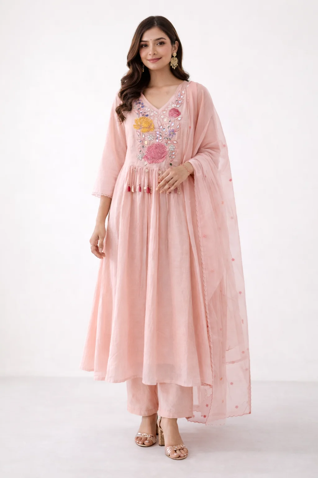 Peach Embroidered Kurti Set with Dupatta for Women – Floral V-Neck Kurta with Pants #011