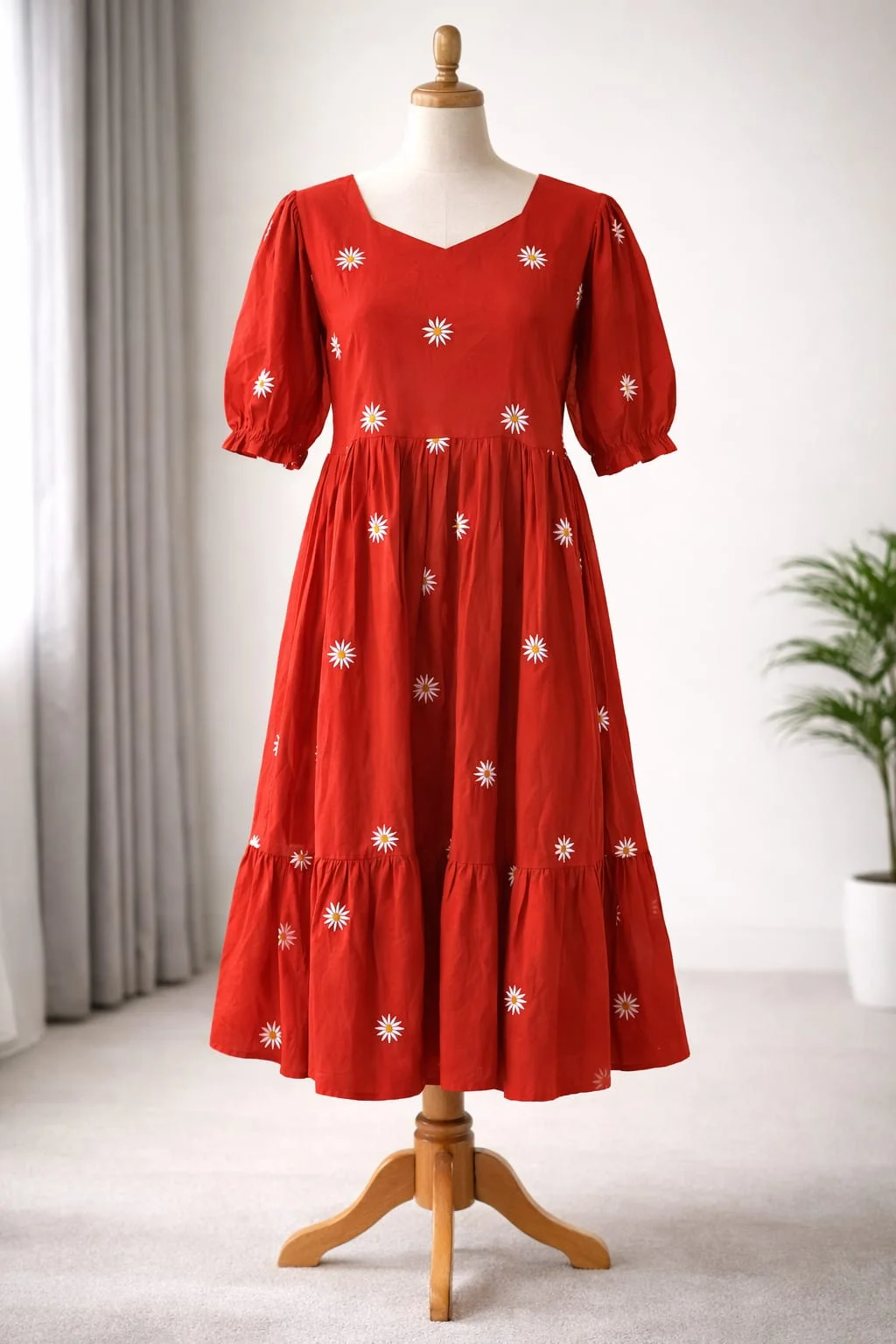 Women’s Red Floral Cotton Dress – A-Line Midi Dress with Puff Sleeves & V-Neck, Casual Summer Party Wear Outfit
