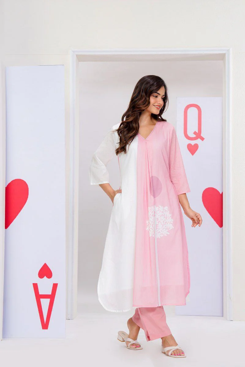 Women's Pink & White Cotton Printed Kurti Pant 2PC Set – V-Neck Ethnic Wear Suit #005