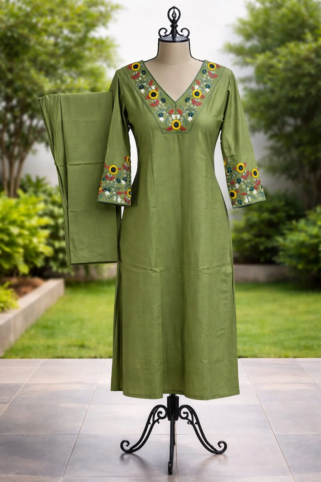 Women's Olive Green Embroidered Chanderi Kurta Pant Set – Floral V-Neck Ethnic Kurti | #064 thumbnail
