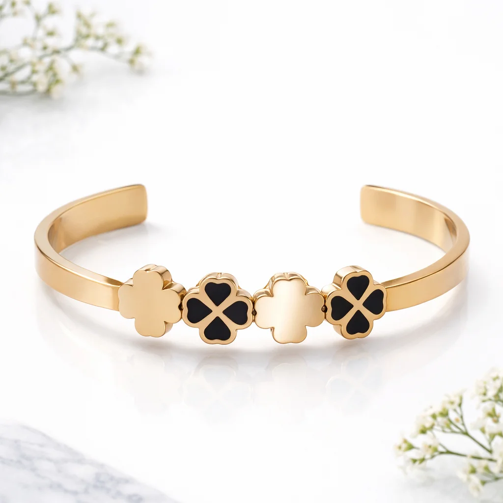 Luxury Gold Plated Clover Bracelet for Women – Black Enamel Four Leaf Clover Adjustable Cuff Bangle thumbnail
