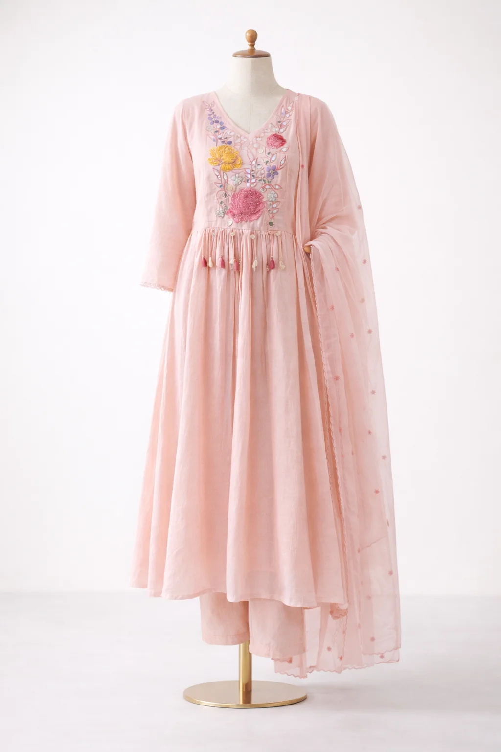 Peach Embroidered Kurti Set with Dupatta for Women – Floral V-Neck Kurta with Pants #011 thumbnail