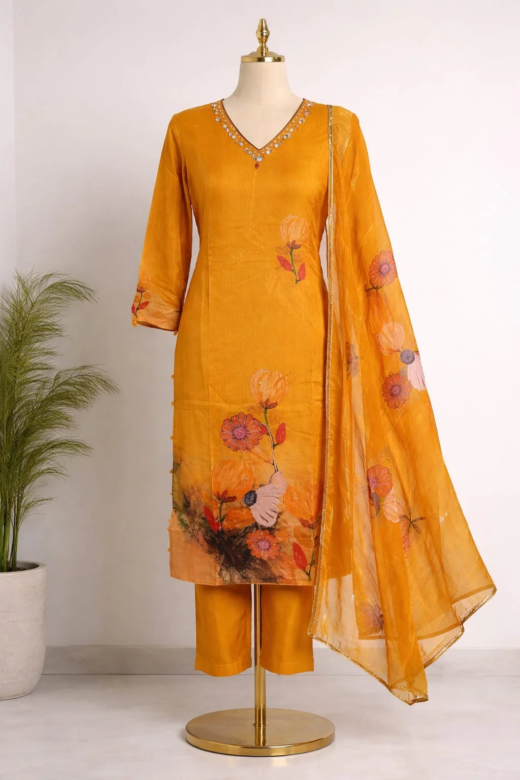 Women's Mustard Yellow Printed Kurta Pant Dupatta Set – Floral V-Neck Ethnic Suit | #079 thumbnail