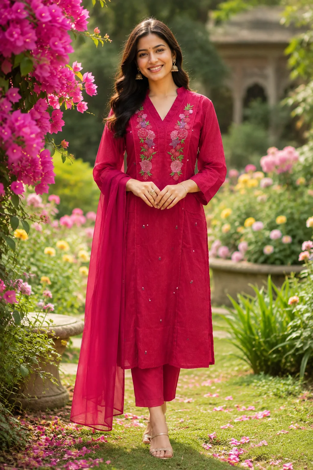 Women's Magenta Embroidered Kurti Pant Set with Dupatta – Elegant Ethnic Wear | #015