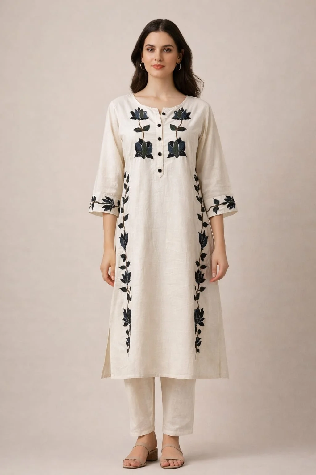Women’s Off White Embroidered Kurta Pant Set | Khadi  Cotton Straight Kurti with Floral Design | Ethnic Wear for Office, Casual & Festive Use #044