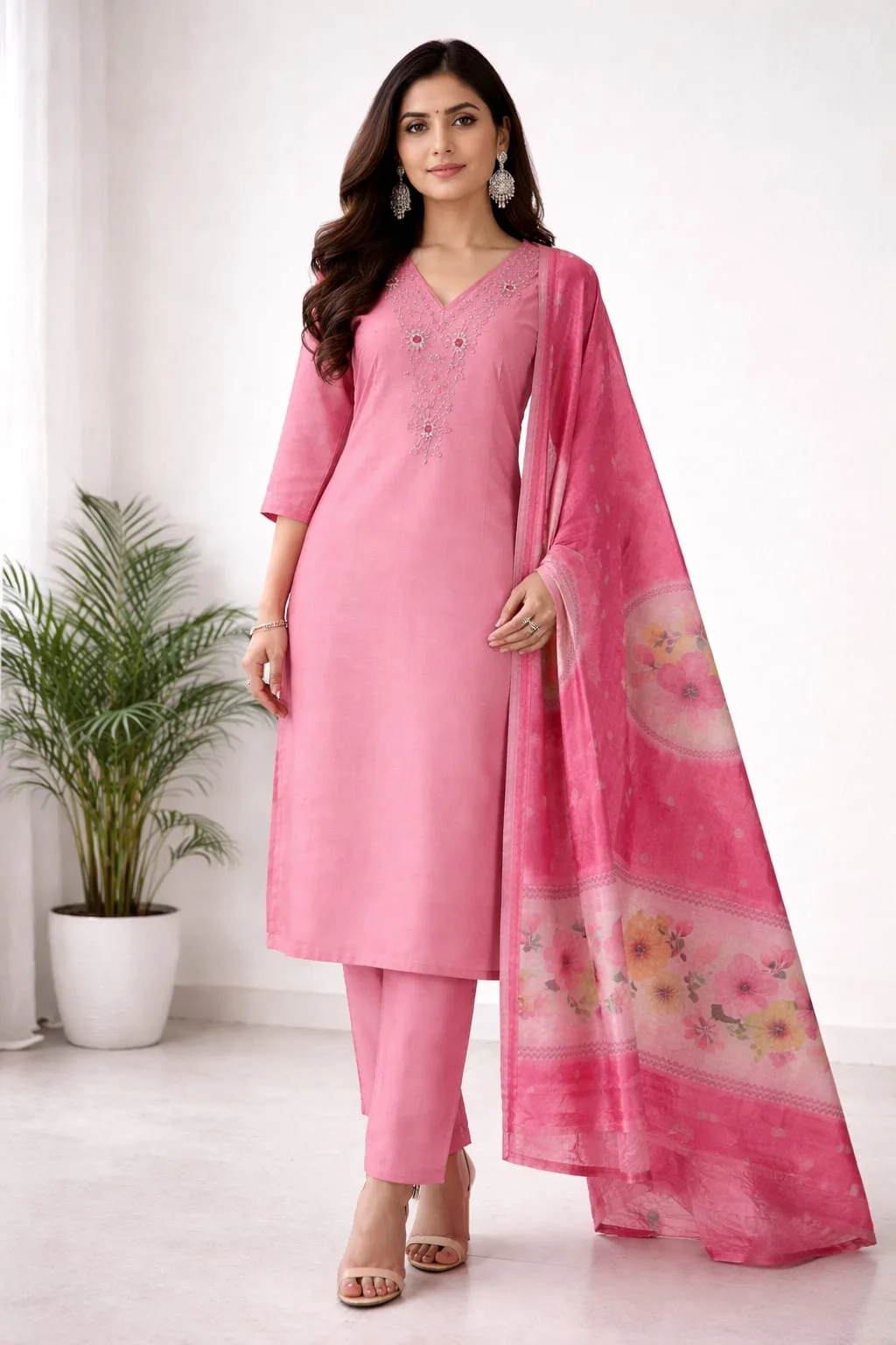 Women’s Pink Embroidered V-Neck Ethnic Suit with Floral Dupatta #032