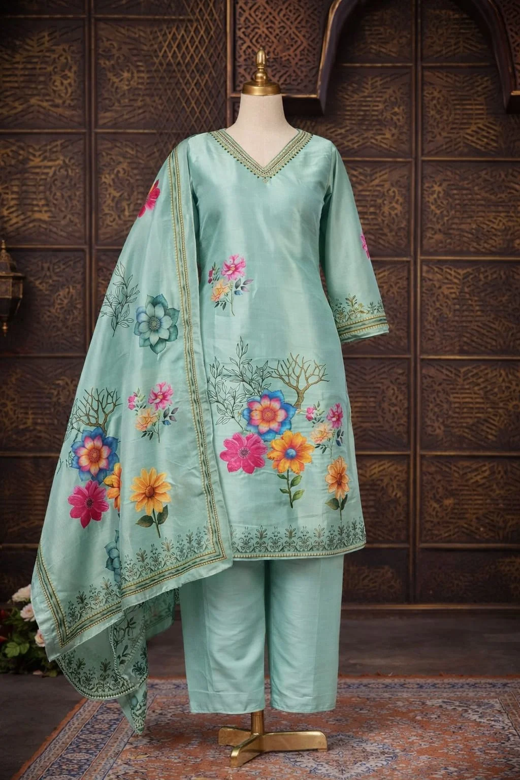 Women's Sea Green Printed Kurta Pant Dupatta Set – Floral V-Neck Ethnic Suit thumbnail