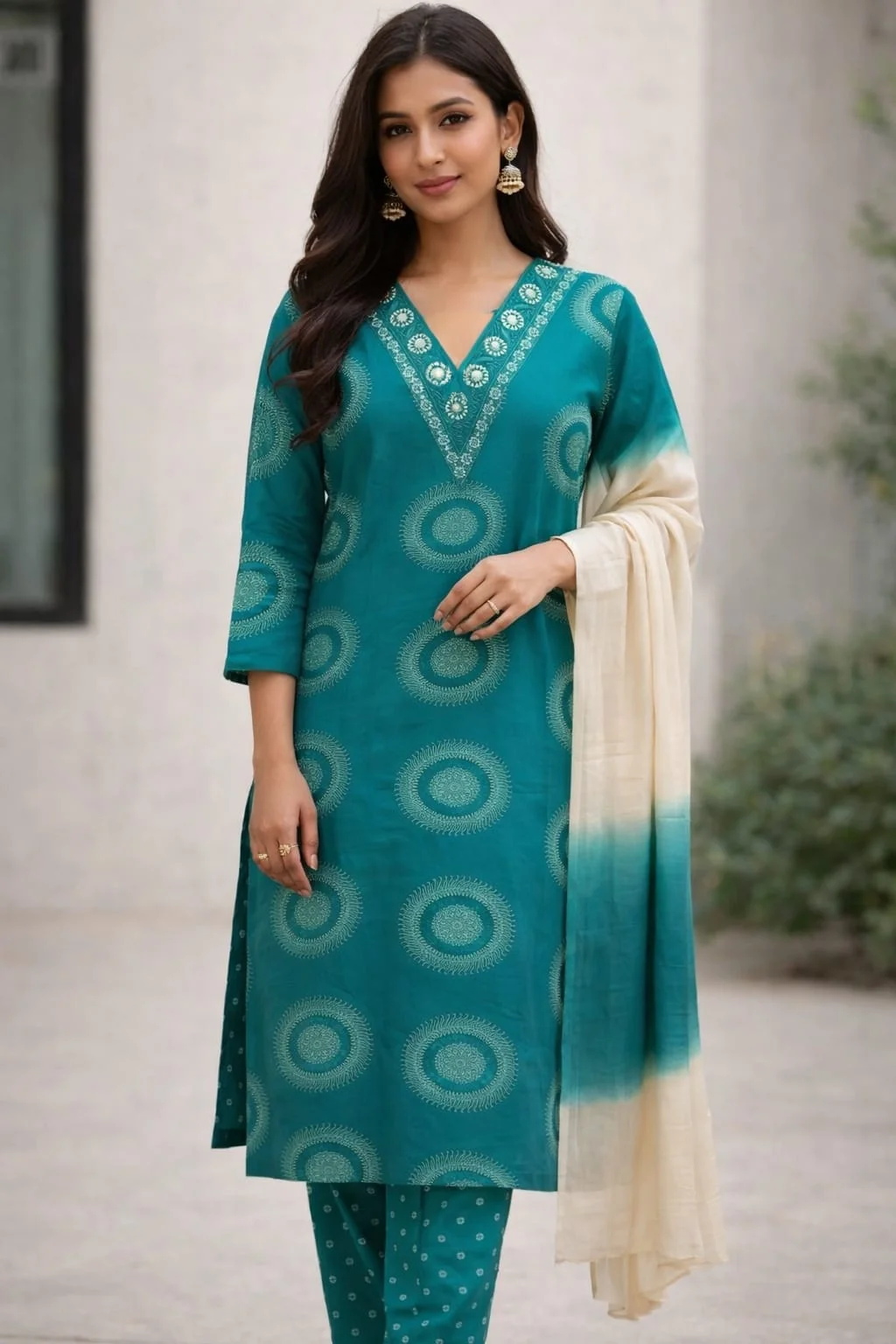 Women’s Teal Green Printed Kurta Pant Dupatta Set | V-Neck Ethnic Suit with Dupatta | Festive, Office & Casual Wear Kurti Set #022