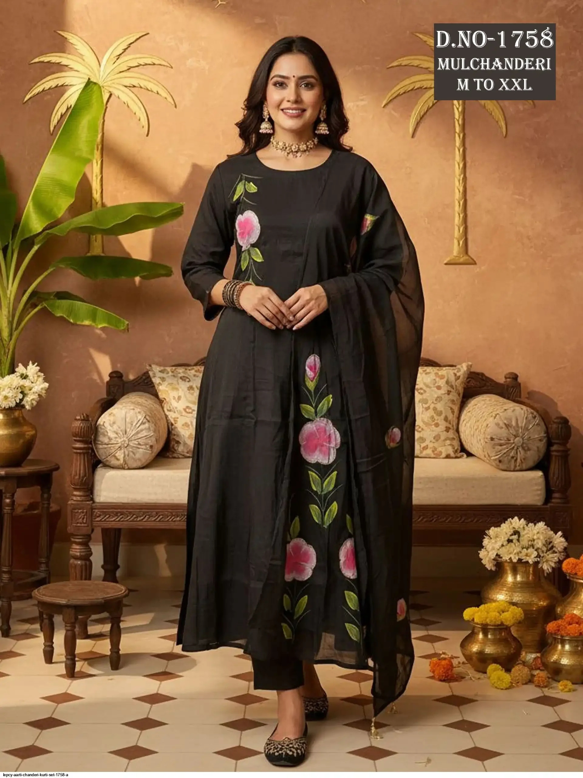 Women's Floral Printed Ethnic  Black Chanderi Kurti Set with Dupatta
